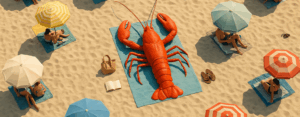 écrevisse qui bronze sur la plage de sable fin